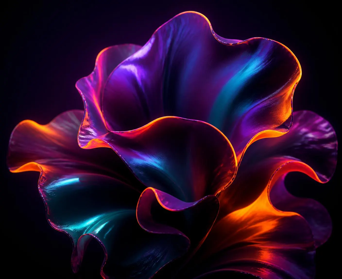 Luminous abstract petals in violet, magenta and ember tones